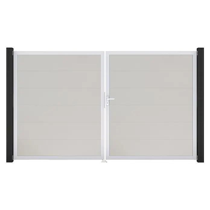 GroJa BasicLine Gartentor - 300 x 180 cm, Weiß (EV1), Kunststoff, DIN Anschlag: Rechts - Hellgraues zweiflügeliges Tor mit horizontalen Paneelen, weißem Rahmen und schwarzen Pfosten, ausgestattet mit einem weißen Griff und Schloss.