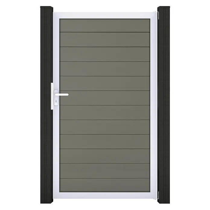 GroJa Solid Gartentor - 100 x 180 cm, Grau (EV1) - Dunkelgraues Gartentor mit horizontalen Lamellen, weißem Rahmen und dunklen Pfosten, mit silbernem Griff.