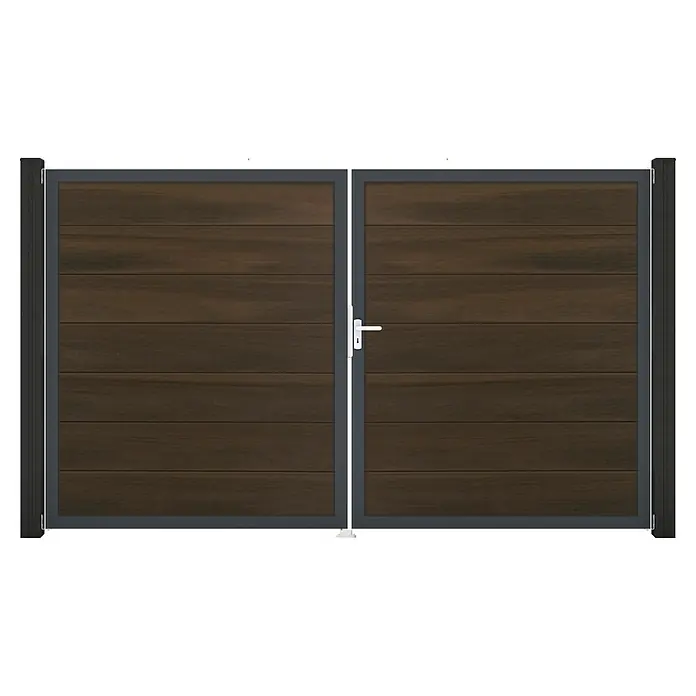 GroJa Solid Gartentor Grande - 300 x 180 cm, Walnuss (DB703), DIN Anschlag: Rechts - Dunkelbraunes Holz-Doppeltor mit grauem Metallrahmen und weißem Griff.