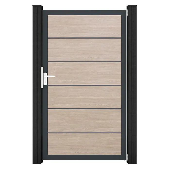 GroJa BasicLine Gartentor Premium - 100 x 180 cm, Shefflied Oak (DB703), Kunststoff - Modernes Tor mit hellen Holzpaneelen, dunkelgrauem Rahmen und weißem Griff.