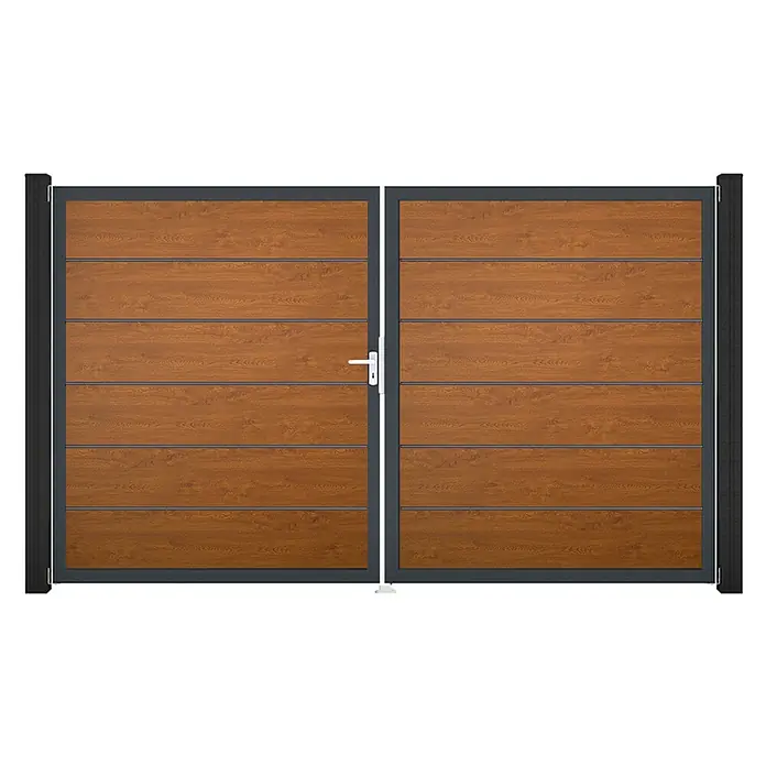 GroJa BasicLine Gartentor Premium - 300 x 180 cm, Golden Oak (DB703), Kunststoff, DIN Anschlag: Links - Zweiflügeltor mit horizontalen braunen Holzoptik-Paneelen und dunkelgrauem Rahmen. Silberner Griff am linken Flügel.