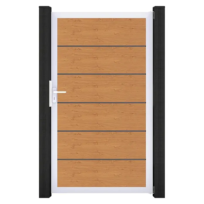 GroJa BasicLine Gartentor Premium - 100 x 180 cm, Asteiche Natur (EV1), Kunststoff - Hellbraune Holztür mit horizontalen Paneelen, weißem Rahmen, weißem Griff und dunklen Seitenpfosten.