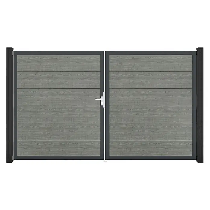 GroJa BasicLine Gartentor - 300 x 180 cm, Grey Ash Cut (DB703), Kunststoff, DIN Anschlag: Links - Doppelflügeltor mit grauen Holz-Paneelen, dunkelgrauem Rahmen und weißem Griff. Inklusive Seitenpfosten.