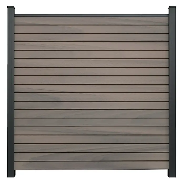 GroJa Solid Steckzaun Rhombus - 180 x 180 cm, Beige - Braun-graues Zaunpaneel mit horizontalen Holzlamellen und dunkelgrauen Metallpfosten/-schiene.