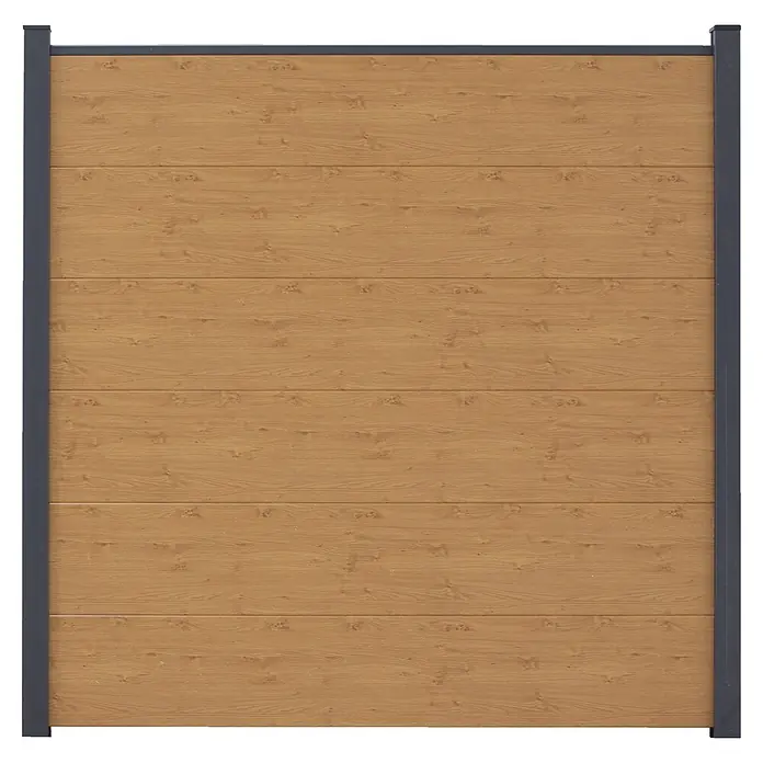 GroJa BasicLine Steckzaun - 180 x 30 cm, Asteiche Natur - Zaunfeld in Holzoptik mit dunkelgrauem Metallrahmen.
