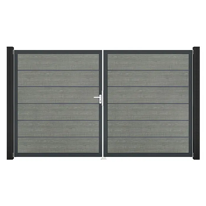 GroJa BasicLine Gartentor Premium - 300 x 180 cm, Grey Ash Cut (DB703), Kunststoff, DIN Anschlag: Links - Doppeltor mit dunkelgrauem Rahmen und hellgrauen Holzpaneelen, ausgestattet mit einem weißen Griff.