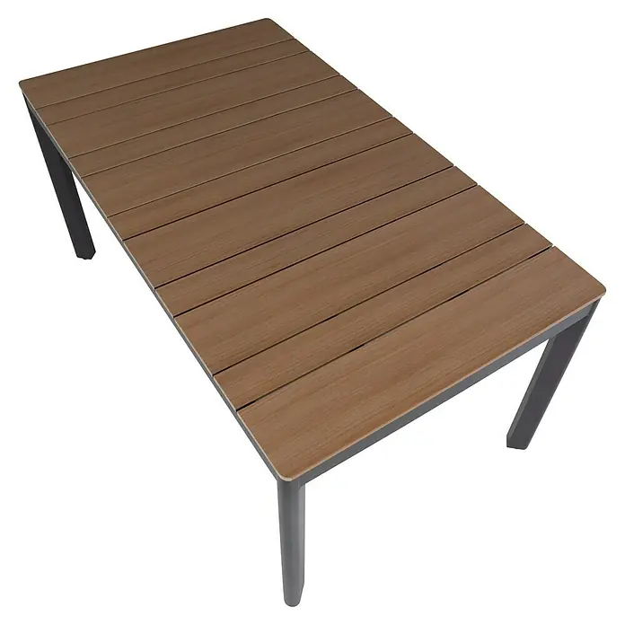 Sunfun Mesa de jardín Bellua - L x An x Al: 172 x 100 x 74 cm, Aluminio/Polywood, Antracita/Natural - Primer plano de una mesa de jardín moderna con tablero de aspecto madera y estructura metálica robusta, ideal para uso exterior.