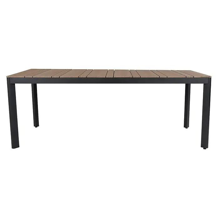Sunfun Mesa de jardín Bellua - L x An x Al: 222 x 100 x 74 cm, Aluminio/Polywood, Antracita/Natural - Vista detallada de una mesa de jardín con listones de madera y estructura metálica oscura, ideal para exteriores. Diseño elegante para terraza o jardín.