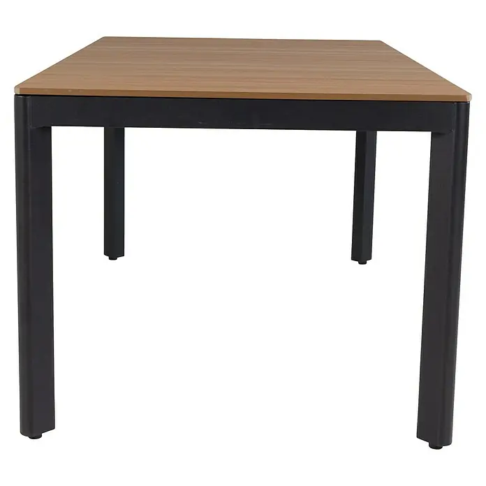 Sunfun Mesa de jardín Bellua - L x An x Al: 172 x 100 x 74 cm, Aluminio/Polywood, Antracita/Natural - Primer plano de una mesa de comedor con tablero de madera y estructura de metal negro, combinando diseño moderno y construcción robusta.
