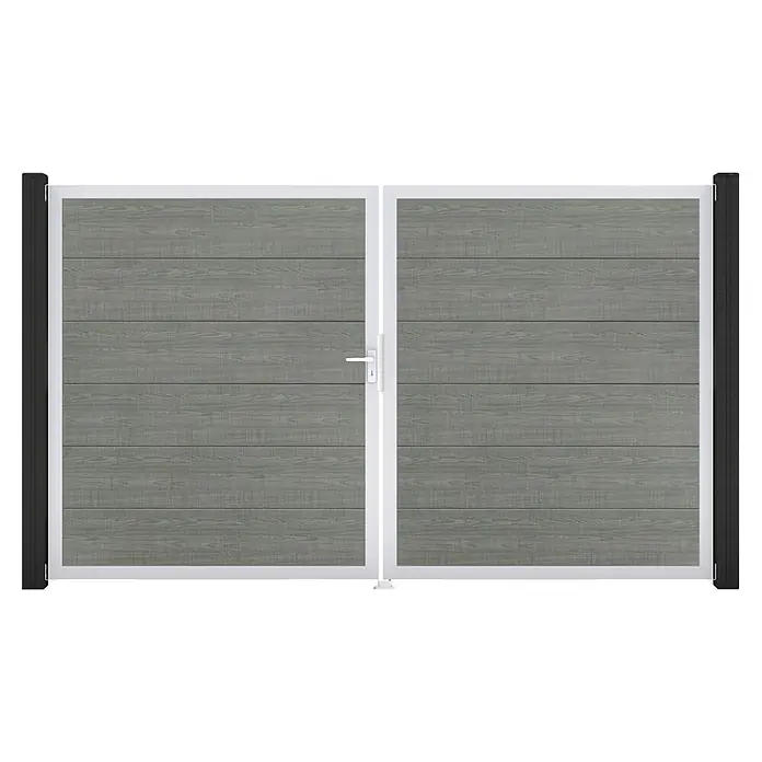 GroJa BasicLine Gartentor - 300 x 180 cm, Grey Ash Cut (EV1), Kunststoff, DIN Anschlag: Links - Doppeltor mit grauen Holzlatten, weißem Rahmen und schwarzen Pfosten, mit weißem Griff.