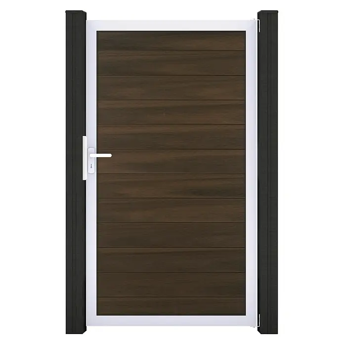 GroJa Solid Gartentor - 100 x 180 cm, Walnuss (EV1) - Dunkelbraunes Lamellen-Gartentor aus Holz mit weißem Rahmen und Griff, flankiert von zwei dunklen Pfosten.