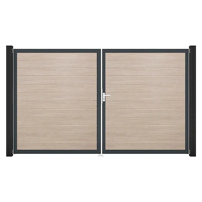 GroJa BasicLine Gartentor Schmal - 300 x 180 cm, Shefflied Oak (DB703), Kunststoff, DIN Anschlag: Rechts - Doppelflügeltor mit hellen Holzoptik-Paneelen, dunkelgrauem Rahmen, Pfosten und weißem Griff.