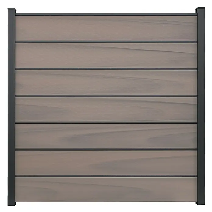 GroJa Solid Steckzaun Grande Premium - 180 x 180 cm, Beige - Sichtschutzwand mit hellbraunen Holzoptik-Verbundplatten und dunkelgrauem Metallrahmen.