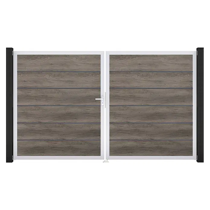 GroJa BasicLine Gartentor Premium - 300 x 180 cm, Monument Oak (EV1), Kunststoff, DIN Anschlag: Links - Doppeltor mit horizontalen Holzoptik-Paneelen, weißem Rahmen, dunklen Pfosten und weißem Griff.