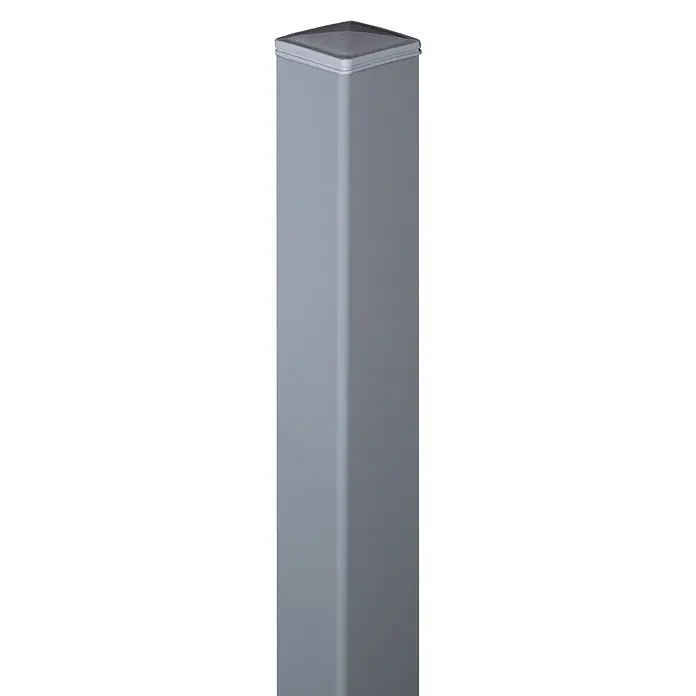 GroJa Ambiente Zaunpfosten - Höhe: 190 cm, Durchmesser: 60 mm, Silbergrau RAL7001, Aluminium - Grauer quadratischer Metallzaunpfosten mit Pyramidenkappe.