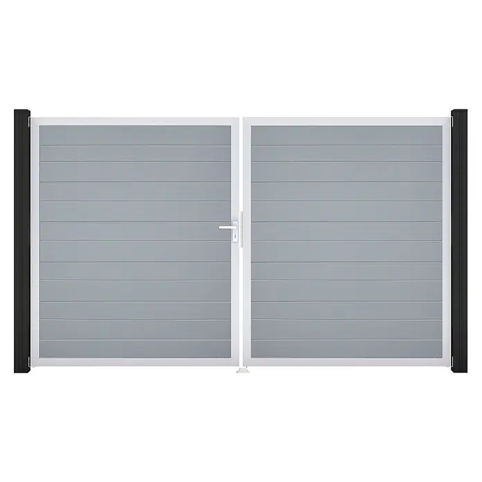 GroJa BasicLine Gartentor Schmal - 300 x 180 cm, Silbergrau (EV1), Kunststoff, DIN Anschlag: Links - Graues Doppeltor mit weißem Rahmen und Griff, flankiert von schwarzen Pfosten.