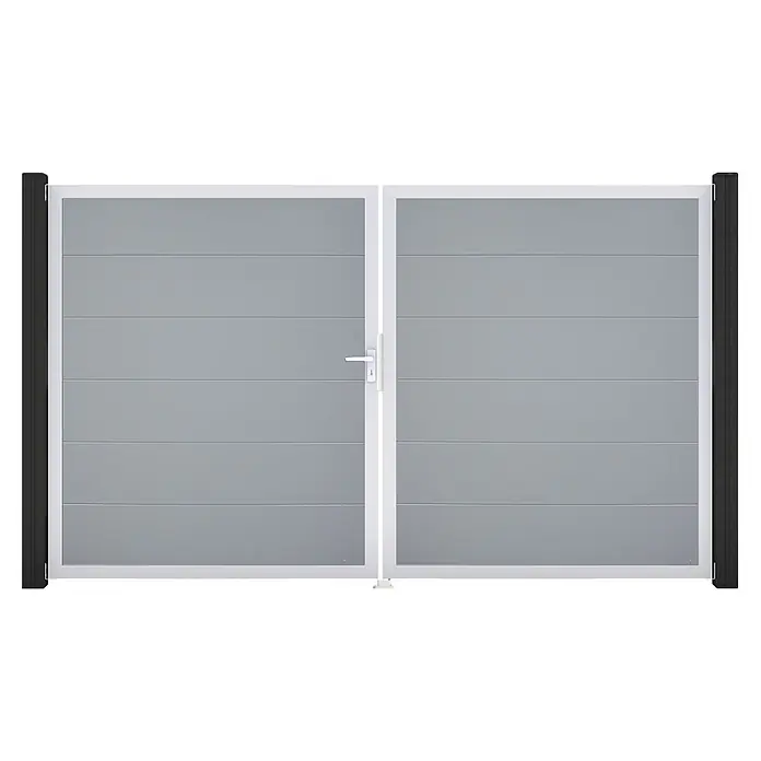 GroJa BasicLine Gartentor - 300 x 180 cm, Silbergrau (EV1), Kunststoff, DIN Anschlag: Links - Graues Doppeltor mit horizontalen Paneelen, weißem Rahmen und schwarzen Seitenpfosten.