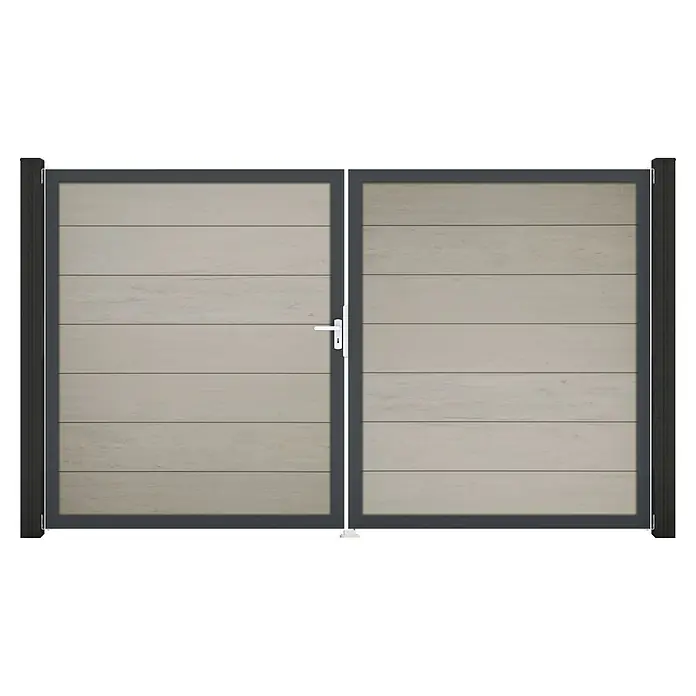 GroJa Solid Gartentor Grande - 300 x 180 cm, Beige (DB), DIN Anschlag: Links - Doppeltor mit hellen Holz-Verbundplatten, dunkelgrauem Rahmen und weißem Griff.