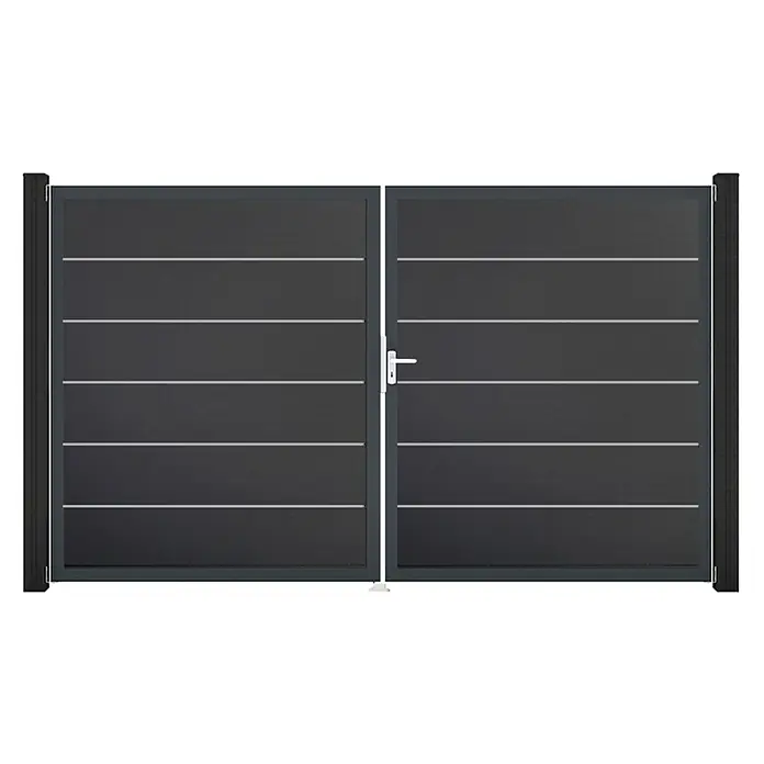 GroJa BasicLine Gartentor Premium - 300 x 180 cm, Anthrazit (DB703), Kunststoff, DIN Anschlag: Rechts - Dunkelgraues zweiflügeliges Tor mit horizontalen weißen Linien und silbernem Griff.
