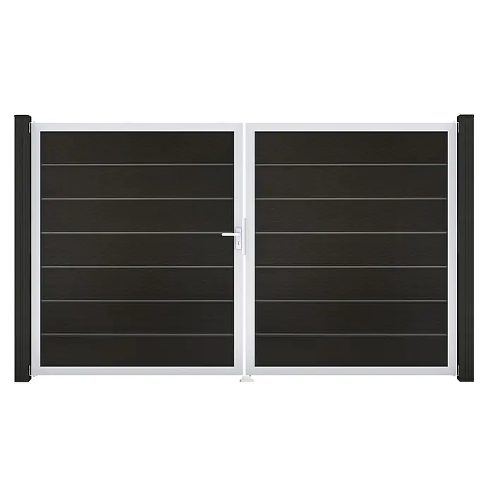 GroJa Solid Gartentor Grande Premium - 300 x 180 cm, Schwarz (EV1), DIN Anschlag: Links - Dunkelbraunes Doppelflügeltor mit weißem Rahmen, horizontalen Lamellen, weißem Griff, von dunkelgrauen Pfosten flankiert.