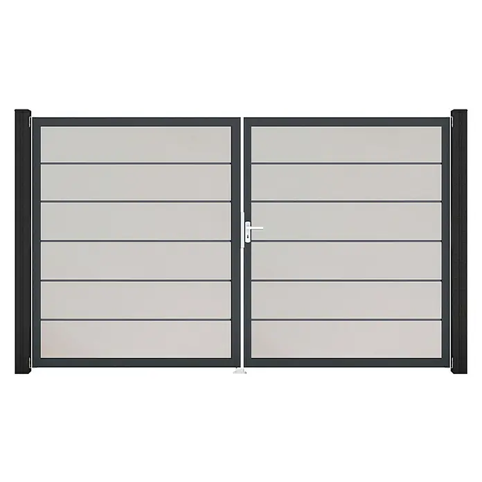 GroJa BasicLine Gartentor Premium - 300 x 180 cm, Weiß (DB703), Kunststoff, DIN Anschlag: Rechts - Modernes graues Doppelflügeltor mit horizontalen Lamellen und weißem Griff für eine Einfahrt.