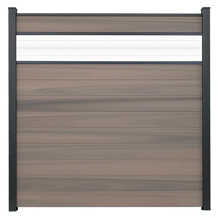 GroJa Solid Steckzaun - 180 x 180 cm, Grau Bi-Color, Mit Glaseinsatz - Modernes Sichtschutzzaunelement mit Holzoptik-Lamellen, transluzentem Oberstreifen und dunkelgrauem Rahmen.