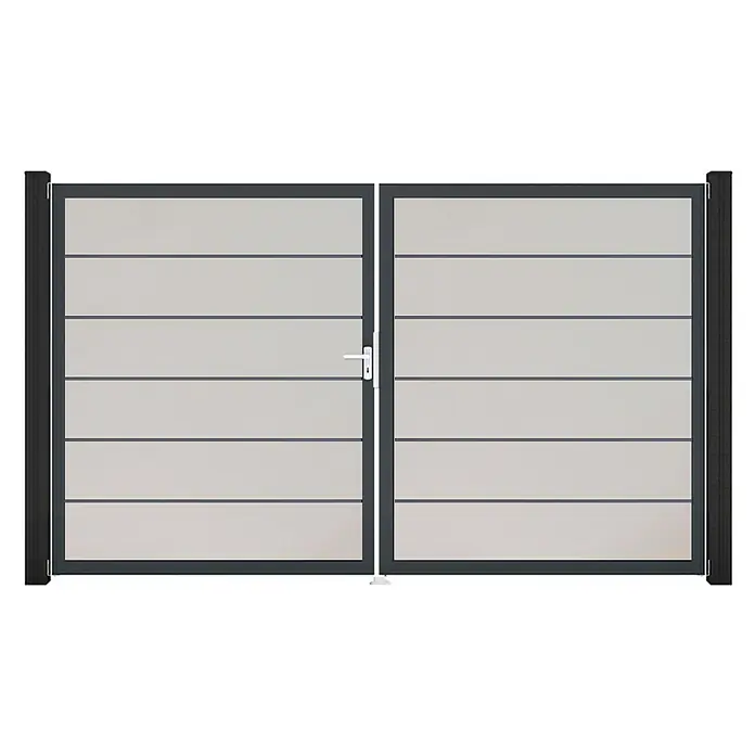 GroJa BasicLine Gartentor Premium - 300 x 180 cm, Weiß (DB703), Kunststoff, DIN Anschlag: Links - Moderne Doppelflügeltor mit dunkelgrauem Rahmen und hellgrauen horizontalen Füllpaneelen, mit silbernem Griff.