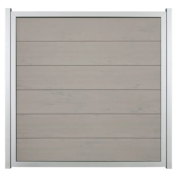 GroJa Viento Steckzaun - 180 x 180 cm, Sand - Graues Lamellen-Zaunfeld mit hellem Metallrahmen.