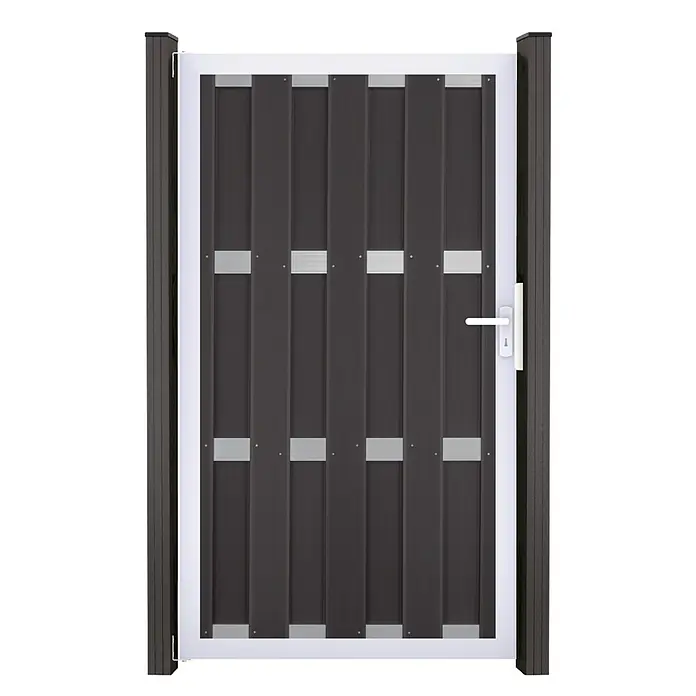GroJa Gartentor Merano - 100 x 180 cm, Anthrazit (EV1), DIN Anschlag: Links - Dunkelgraues Gartentor mit vertikalen Lamellen, weißem Rahmen und Griff, flankiert von passenden Pfosten.