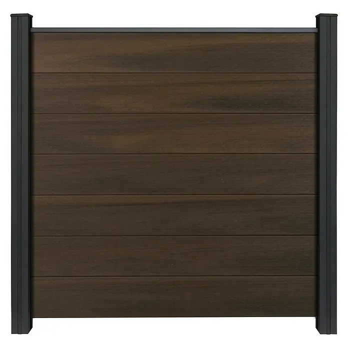 GroJa Solid Steckzaun Grande - 180 x 180 cm, Walnuss - Dunkelbraunes Zaunpaneel in Holzoptik mit schwarzen Metallpfosten.