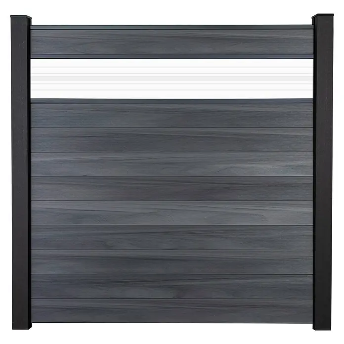 GroJa Solid Steckzaun - 180 x 180 cm, Steingrau, Mit Glaseinsatz - Dunkelgraues WPC-Zaunelement mit schwarzen Pfosten und einem horizontalen weißen Akzentstreifen.