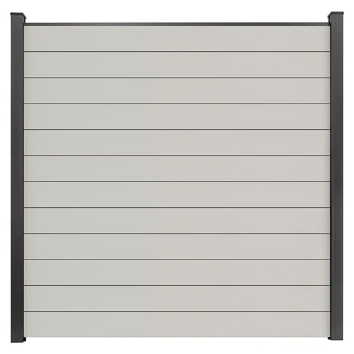 GroJa BasicLine Steckzaun Schmal - 180 x 180 cm, Weiß - Heller grauer Verbundstoff-Sichtschutzzaun mit dunkelgrauen Pfosten.