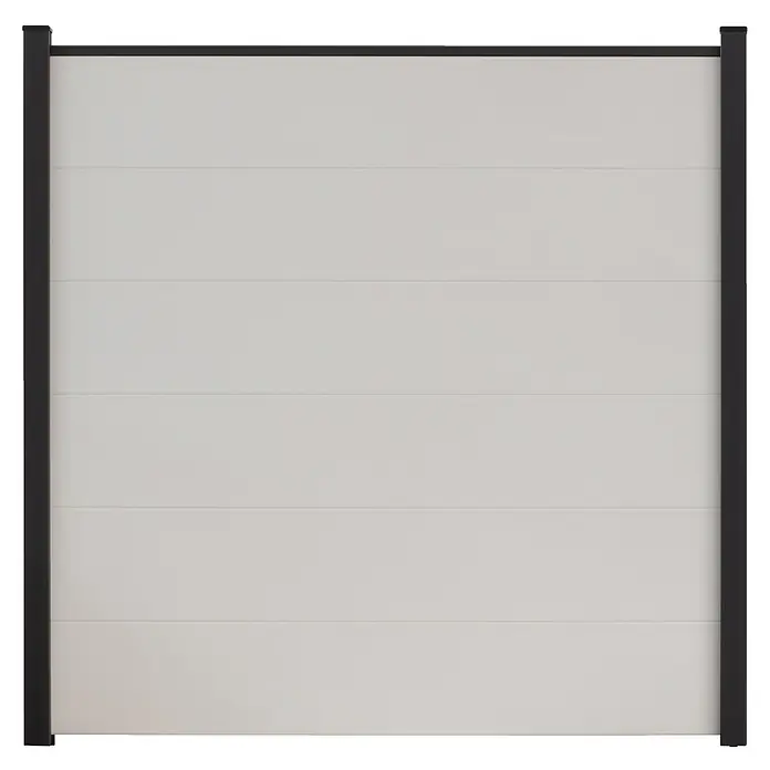 GroJa BasicLine Steckzaun - 180 x 30 cm, Weiß - Hellgraues Zaunelement mit horizontalen Lamellen, gerahmt von schwarzen Pfosten und einer oberen Leiste.