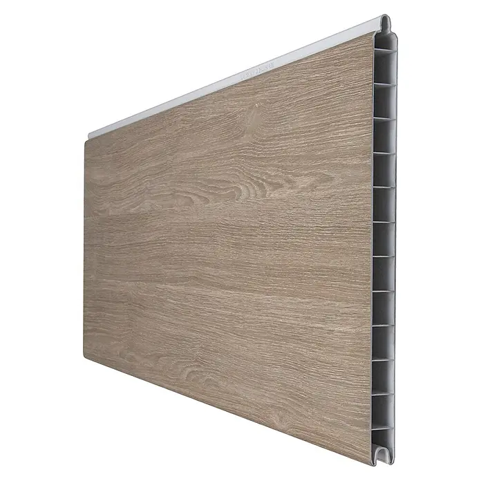 GroJa BasicLine Steckzaun - 180 x 1,9 cm, Sheffield Oak - Hellbraunes Kunststoffpaneel in Holzoptik mit gerippter Hohlstruktur.