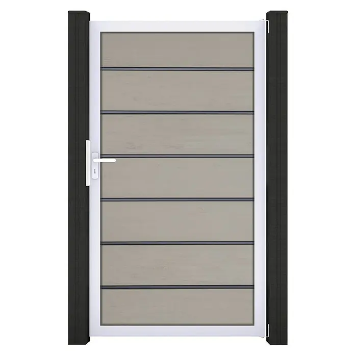 GroJa Solid Gartentor Grande Premium - 100 x 180 cm, Sand - Modernes Tor mit weißem Rahmen, hellbeigen Querpaneelen, dunkelgrauen Abstandshaltern und weißem Griff, flankiert von dunklen Pfosten.
