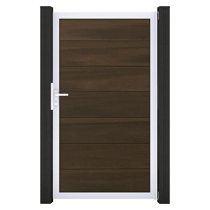 GroJa Solid Gartentor Grande - 100 x 180 cm, Walnuss (EV1) - Dunkelbraunes Holztor mit weißem Rahmen und Griff, flankiert von dunklen Pfosten.