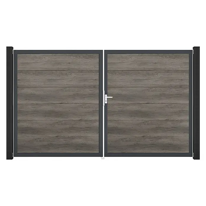 GroJa BasicLine Gartentor - 300 x 180 cm, Monument Oak (DB703), Kunststoff, DIN Anschlag: Rechts - Zweiflügeliges Tor mit dunkelgrauem Metallrahmen und horizontalen Holzoptik-Paneelen in Grau. Mit weißem Griff.