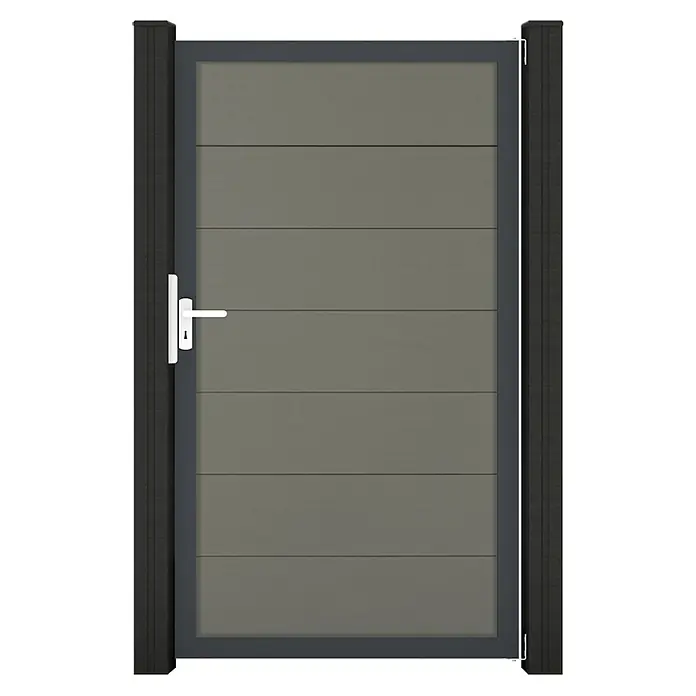 GroJa Solid Gartentor Grande - 100 x 180 cm, Grau (DB703) - Moderne graue Gartentür mit horizontalen Lamellen, dunklem Rahmen und Pfosten, und weißem Griff.