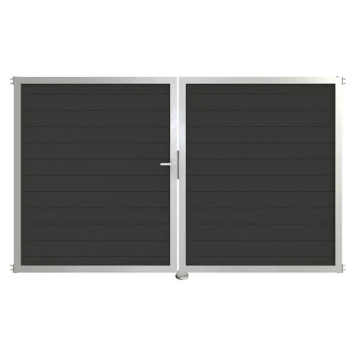 GroJa Lumino Gartentor - 300 x 180 cm, Anthrazit (EV1), Aluminium, DIN Anschlag: Links - Doppeltor mit dunkelgrauen horizontalen Paneelen und gebürstetem Silberrahmen, mit silbernem Griff.