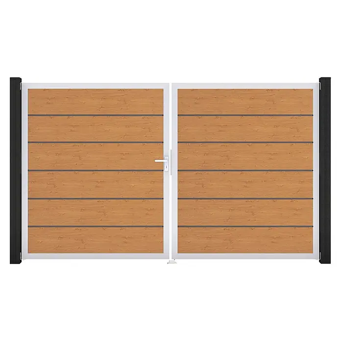 GroJa BasicLine Gartentor Premium - 300 x 180 cm, Asteiche Natur (EV1), Kunststoff, DIN Anschlag: Links - Doppeltor mit hellen Holzoptik-Paneelen, weißem Rahmen, schwarzen Pfosten und weißem Griff.