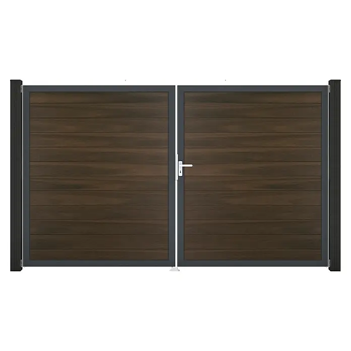 GroJa Solid Gartentor - 300 x 180 cm, Walnuss (DB703), DIN Anschlag: Rechts - Zweiflügeliges Tor mit dunkelbraunen Holzpaneelen und dunkelgrauem Metallrahmen, mit weißem Griff.