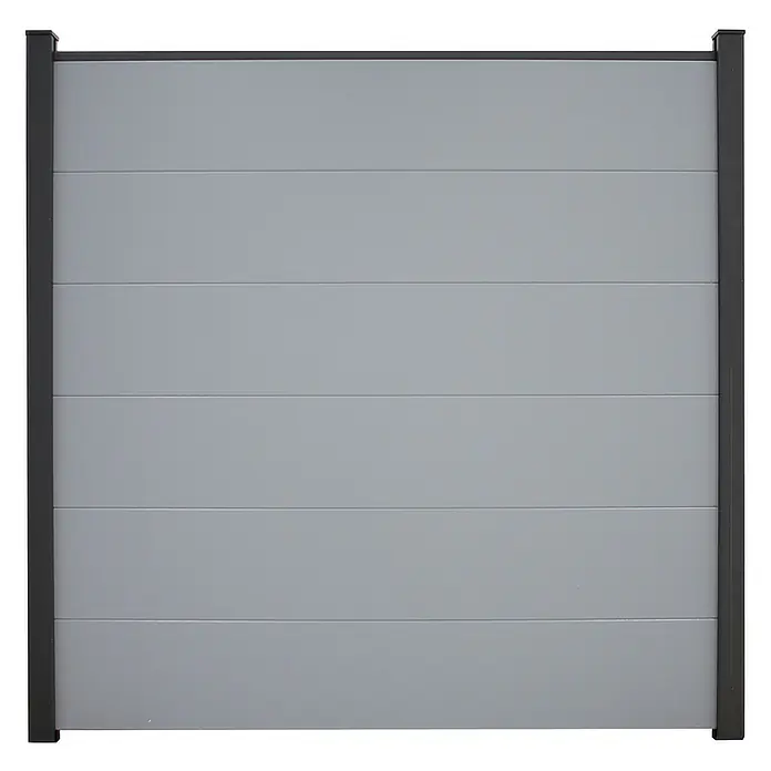 GroJa BasicLine Steckzaun - 180 x 30 cm, Silbergrau - Hellgraues Zaunpaneel mit horizontalen Lamellen und dunkelgrauem Rahmen.