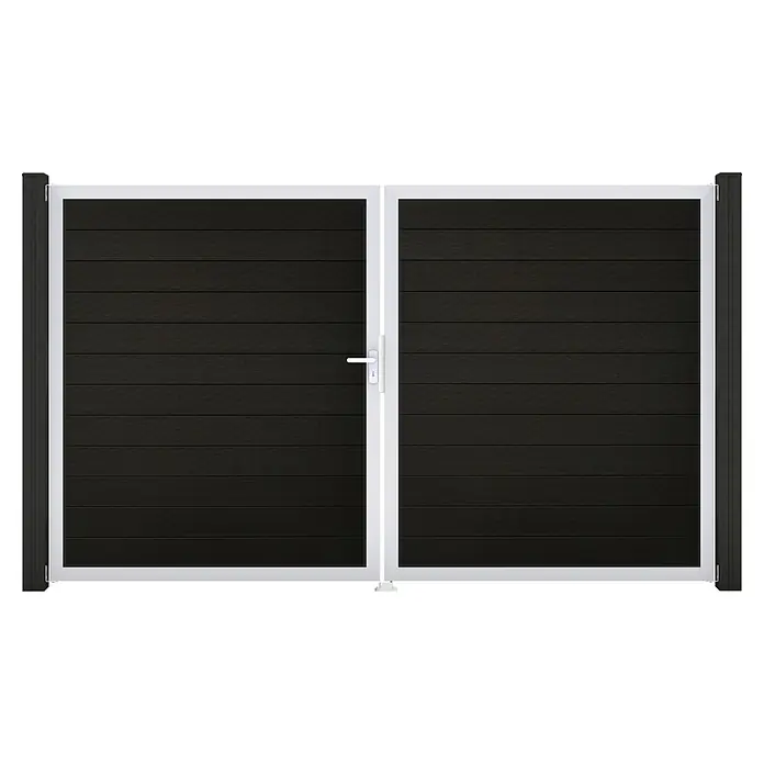 GroJa Solid Gartentor - 300 x 180 cm, Schwarz (EV1), DIN Anschlag: Links - Doppeltor mit dunkelgrauen horizontalen Paneelen und weißem Rahmen, mit weißem Griff.