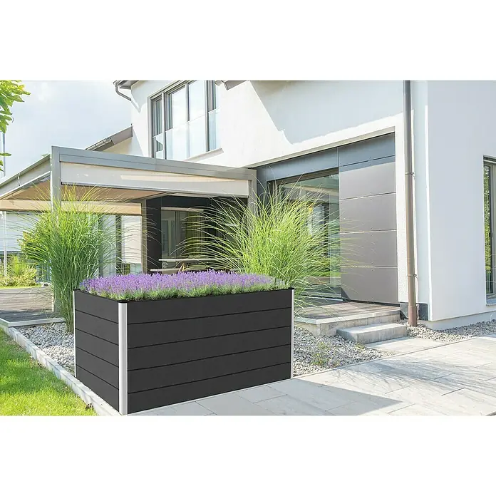 GroJa Solid Hochbeet - 150 x 70 x 75 cm, Verbundwerkstoff, Anthrazit - Ein rechteckiger, schwarzer Pflanzkasten mit Lavendel und Ziergräsern vor einem modernen Haus. Er ist aus langlebigem Material gefertigt.