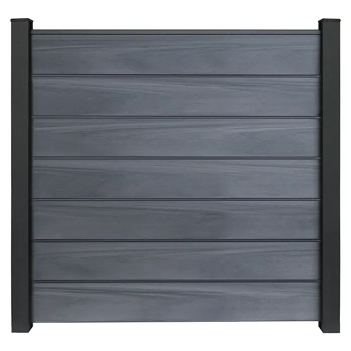 GroJa Solid Steckzaun Grande Premium - 180 x 180 cm, Steingrau - Dunkelgraues horizontales Sichtschutzpaneel mit schwarzen vertikalen Pfosten.