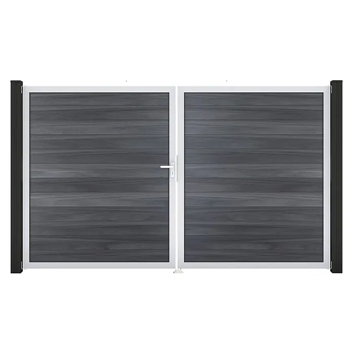 GroJa Solid Gartentor - 300 x 180 cm, Steingrau (EV1), DIN Anschlag: Links - Dunkelgraues Doppeltor in Holzoptik mit weißem Rahmen und Griff.