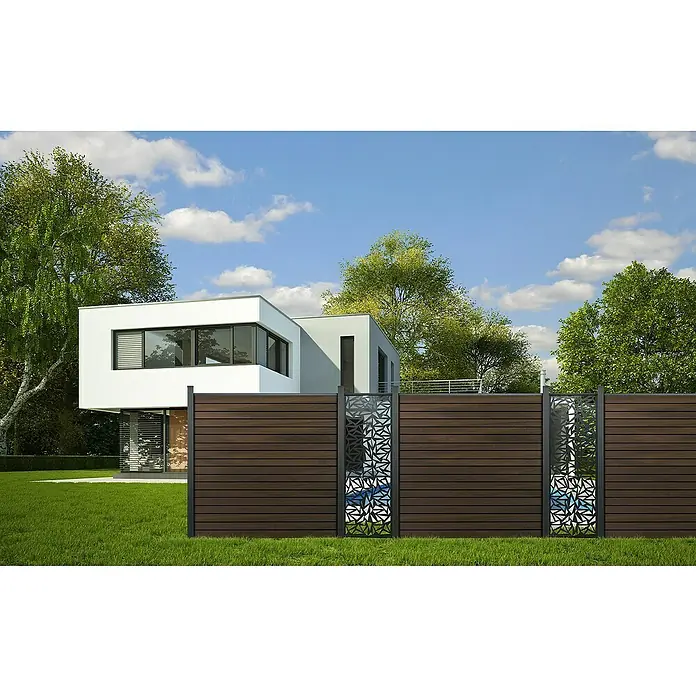GroJa mix-it Einsatz - L x B x H: 2 x 60 x 180 cm, Aluminium, Triangle - Moderner, dunkelbrauner Lattenzaun mit schwarzen Pfosten und dekorativen lasergeschnittenen Geometrie-Paneelen.