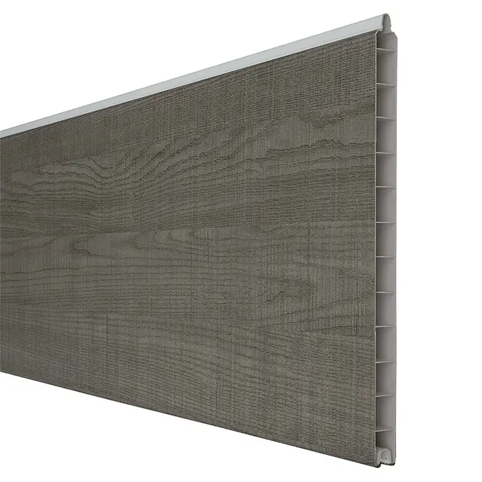 GroJa BasicLine Steckzaun - 180 x 1,9 cm, Grey Ash Cut - Texturierte graue Holzmaserungsplatte, die ihre gerippte Verbundkonstruktion zeigt.