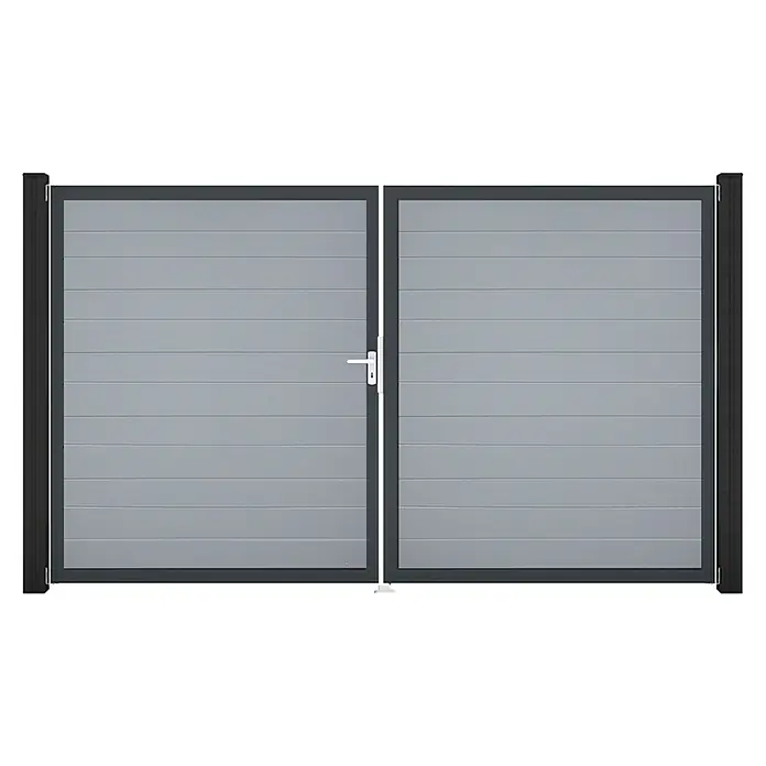 GroJa BasicLine Gartentor Schmal - 300 x 180 cm, Silbergrau (DB703), Kunststoff, DIN Anschlag: Links - Graues Doppeltor mit horizontalen Lamellenpaneelen, dunklem Rahmen und einem weißen Griff.