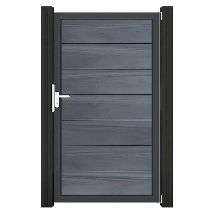 GroJa Solid Gartentor Grande - 100 x 180 cm, Steingrau (EDB703) - Dunkelgraues Komposit-Tor mit Querlamellen und weißem Griff, zwischen Pfosten montiert.